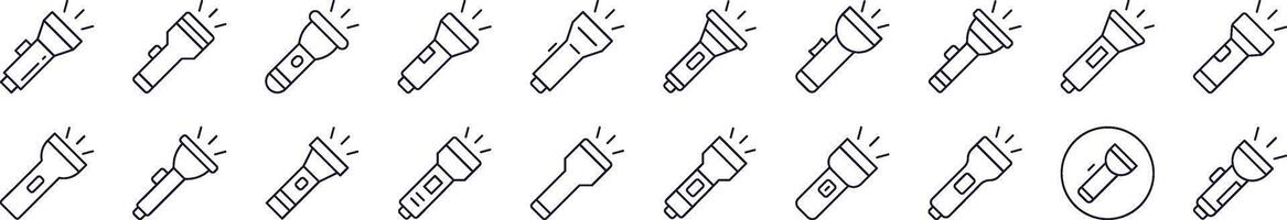 Flashlight Outline Web Line Icons Collection. Editable Stroke. Minimalistic Linear Pictogram for Design of Cards, Apps, Banners, Posts vector