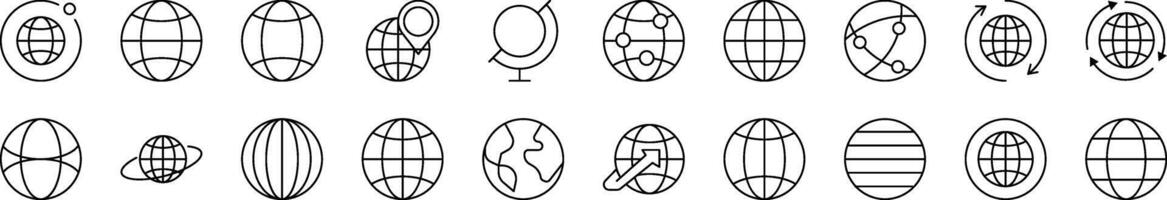 Globe Outline Web Line Icons Collection. Editable Stroke. Minimalistic Linear Pictogram for Design of Cards, Apps, Banners, Posts vector