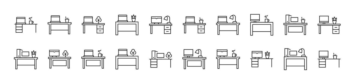 Computer on Table Related Icon Set. Editable Stroke. Suitable for Web Sites, Books, Cards, Apps vector