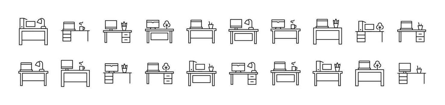 Computer on Table Related Line Icons for Web Sites, Books, Cards, Apps. Editable Stroke. Suitable for Web Sites, Books, Cards, Apps vector
