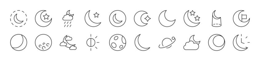 The Moon and Crescent Bundle of Thin Icons. Editable Stroke. Suitable for Web Sites, Books, Cards, Apps vector