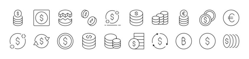 Various Coins Outline Image Collection. Editable Stroke. Perfect for Infographics, Articles, Books, Flyers, Banners vector