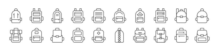 Schoolbag, Bag for Tracking and Hiking Outline Image Collection. Editable Stroke. Perfect for Infographics, Articles, Books, Flyers, Banners vector
