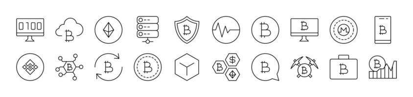 Cryptocurrency and Bitcoin Outline Icon Collection. Editable Stroke. Perfect for Infographics, Articles, Books, Flyers, Banners vector