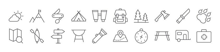 Backpack, Map Pin, Camping, Travel, Vacation Related Image Collection. Editable Stroke. Perfect for Infographics, Articles, Books, Flyers, Banners vector