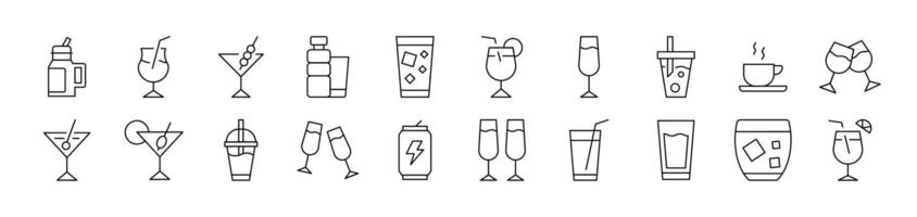 Collection of Outline Signs of Alcoholic Drink, Energy Drink, Soft Drinks Drawn with Thin Line for apps, web sites, banners, infographics and other types of design vector