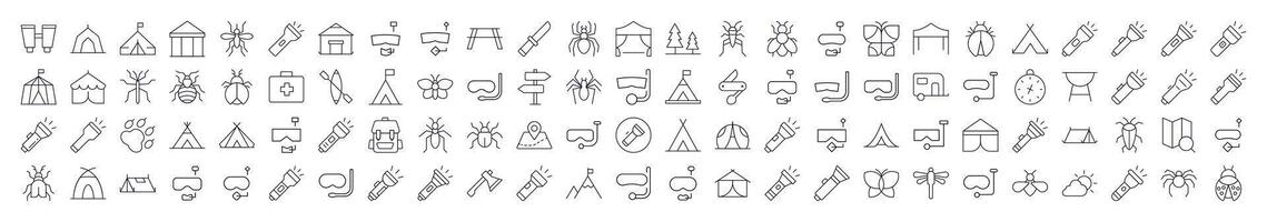 Camping Line Icon Set. Modern Collection for Design, Web Sites, Apps, Cards. Contains Linear Images of Flashlight, Diving Mask, Tent, Axe, Insect vector