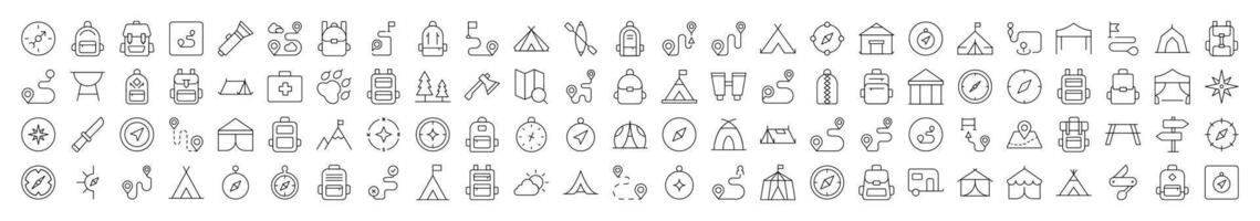 Collection of Line Icons of Backpack, Road, Map Pin, Compass, Tent. Editable Stroke. Minimalistic Linear Pictogram for Design of Cards, Apps, Banners, Posts vector