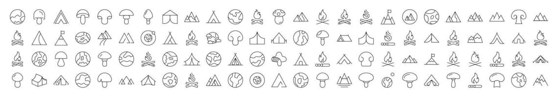 Mushroom, Mountain, Planet, Bonfire Related Linear Signs Drawn with Thin Line for Interface, Booklets, Cards, Posts, Infographics vector