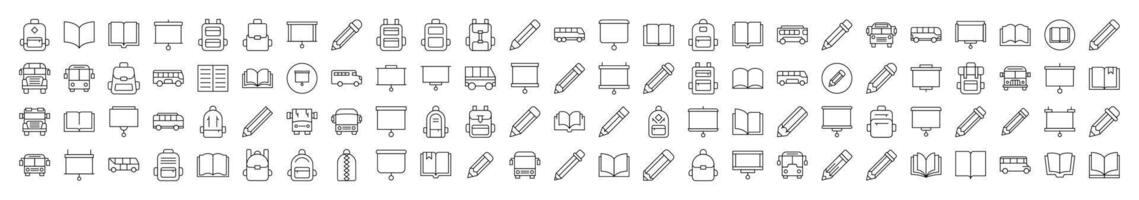 Set of Line Icons of Pen, Presentation Board, Bus, School Bag, Book. Editable Stroke. Minimalistic Linear Pictogram for Design of Cards, Apps, Banners, Posts vector
