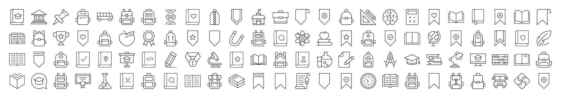 School, College, University Bundle of Related Line Icons. Editable Stroke for Design, Web Sites, Apps, Cards. Contains Linear Images of Backpack, Bookmark, Book, Clock vector