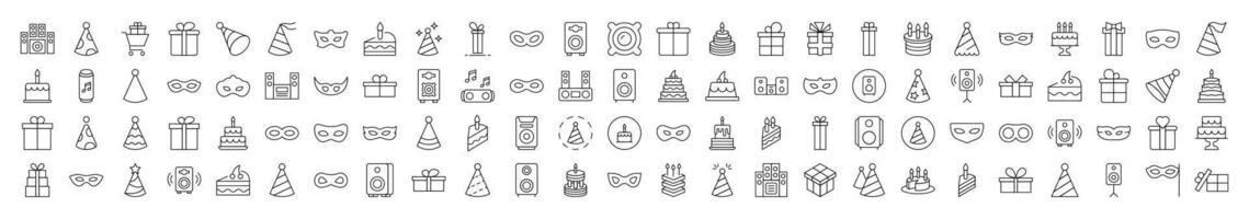 Pack of Party Related Line Icons. Editable Stroke for Design, Web Sites, Apps, Cards. Contains Linear Images of Musical Center, Cake, Masquerade Mask, Gift, Present vector