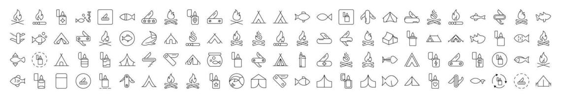 Camping Isolated Outline Signs. Contains such Elements as Bonfire, Fish, Folding Knife, Tent, Lighter. It Can Be Used for Interface, Posts, Advertisements, Various Cards vector