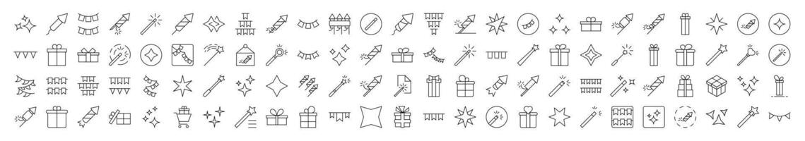 Collection of Icons of Holidays, Garlands, Magic Wand, Firework Drawn with Thin Line for apps, web sites, banners, infographics and other types of design vector