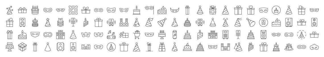 Bundle of Party Related Line Icons. Editable Stroke for Design, Web Sites, Apps, Cards. Contains Linear Images of Musical Center, Cake, Masquerade Mask, Gift, Present vector