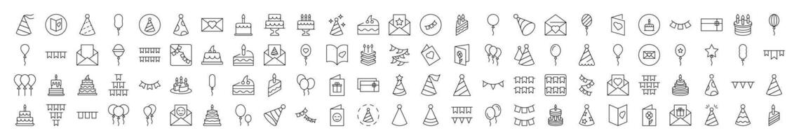 Cake, Holiday Hat, Postcard, Garland, Balloon Set of Thin Icons. Editable Stroke. Suitable for Web Sites, Books, Cards, Apps vector