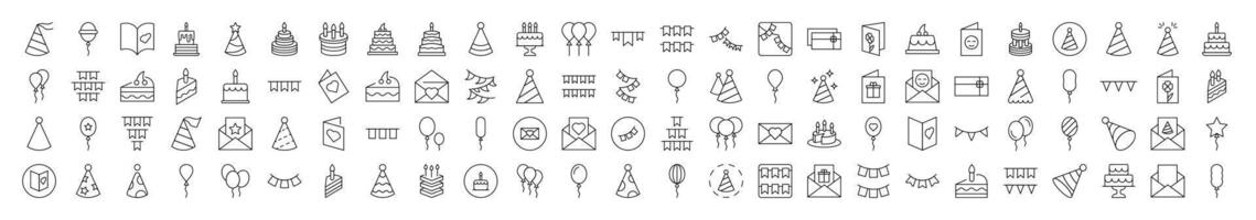 Cake, Holiday Hat, Postcard, Garland, Balloon Icon Set for UI, Placards, Books, Apps. Editable Stroke. Suitable for Web Sites, Books, Cards, Apps vector