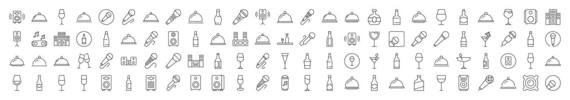 Cocktail, Bowl with Cloche, Bottle, Loud Speaker Minimalistic Pictograms Drawn with Thin Line. Collection of Various Design Elements that Can Be Used for Apps, Articles, Web Sites, Social Media vector