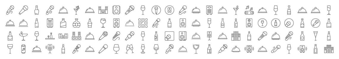 Cocktail, Bowl with Cloche, Bottle, Loud Speaker Editable Strokes Drawn with Thin Line. Collection of Various Design Elements that Can Be Used for Apps, Articles, Web Sites, Social Media vector