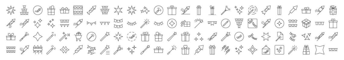 Collection of Outline Symbols of Holidays, Garlands, Magic Wand, Firework Drawn with Thin Line for apps, web sites, banners, infographics and other types of design vector