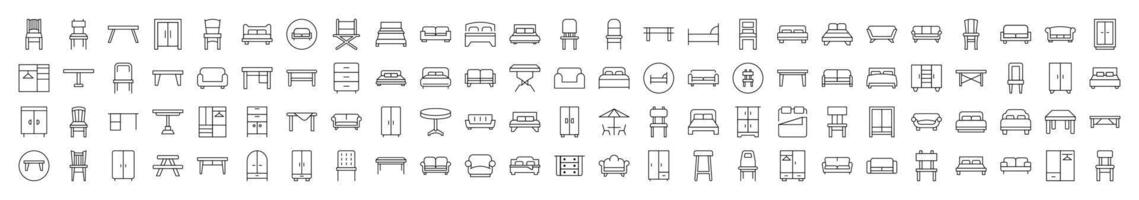 Collection of Icons of Wardrobe, Bed, Sofa, Table, Chair Drawn with Thin Line for apps, web sites, banners, infographics and other types of design vector