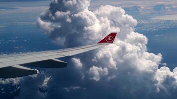 The view from the airplane window reveals a stunning cloudy sky and the wing. This captivating scene blends earth and sky, evoking a sense of endless adventure and freedom. video