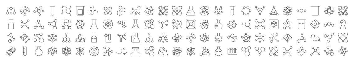 Science Line Icon Set. Modern Collection for Design, Web Sites, Apps, Cards. Contains Linear Images of Chemical Compound, Atom, Laboratory Bulb vector