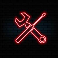 Neon light speech bubble. Hammer and screwdriver line icon. Repair service sign. Fix instruments symbol. Neon light background. Hammer tool glow line. Brick wall banner. .red vector