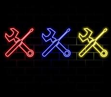 Neon light speech bubble. Hammer and screwdriver line icon. Repair service sign. Fix instruments symbol. Neon light background. Hammer tool glow line. Brick wall banner. vector