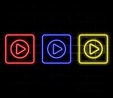 Neon glowing digital cube with play icon. 3d cyber start button. Gaming, cinema, music, tv background with glowing play button. Press to play. design element. vector