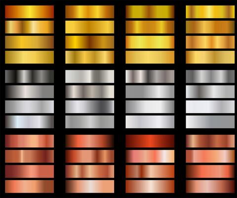 Gold, bronze and silver gradient set, golden squares collection, texture group, background set.