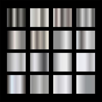 A set of dark black and silver metallic gradients on a black background. Metallic gradient effects for the design of text and billboards, infographics. Metal banner. illustration.