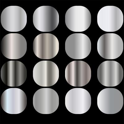 Collection of silver, chrome metallic gradient. Plates with shiny silver effect. Large set of luxury silver gradients. illustration