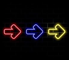 Neon right arrows colourful icons set. Realistic glowing pointers on transparent background. Location indicator for casino, bar, cinema, nightclub and motel, isolated symbol pack. vector