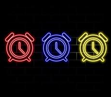 Alarm clock with bright glowing futuristic blue neon lights on black background. 3D icon, sign and symbol. Cartoon minimal style. 3D render illustration vector