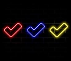 Outline neon Verified badge icon set. Glowing neon blue tick sign, approved checkmark. Verified user in social media, certified and original account, confirmed profile, verification mark. icons vector