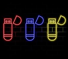 USB flash drive sign. Cyan neon icon in the dark. Bluring. Luminescence. Illustration. vector