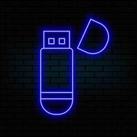 USB flash drive sign. Cyan neon icon in the dark. Bluring. Luminescence. Illustration..blue vector