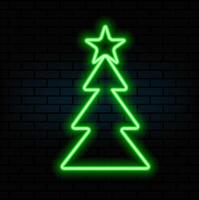 Neon green Christmas Tree shape on brick wall background. Symbol of new year and christmas. Bright shiny design..green color vector