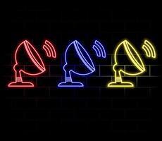 Outline neon satellite dish icon. Neon satellite dish antenna icon. Satellite television and internet connection, receiver and transmitter on black background. vector