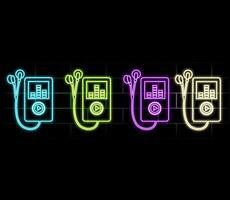 Glowing neon line Music player icon isolated on brick wall background. Portable music device. .green vector