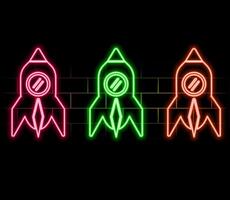 Neon light glow effect. Startup rocket line icon. Launch Project sign. Innovation symbol. 3d line neon glow icon. Brick wall banner. Startup rocket outline. .pink vector