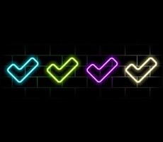 Outline neon Verified badge icon set. Glowing neon blue tick sign, approved checkmark. Verified user in social media, certified and original account, confirmed profile, verification mark. icons.green vector