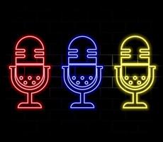 Neon Microphone sign. Glowing microphone icon for podcast, stand up or music show emblem. Retro mic in neon style. illustration. vector
