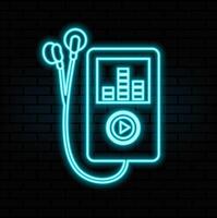 Glowing neon line Music player icon isolated on brick wall background. Portable music device. .blue vector
