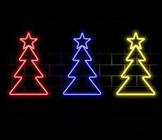 Neon green Christmas Tree shape on brick wall background. Symbol of new year and christmas. Bright shiny design. vector