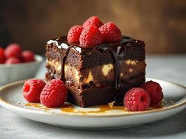 brownies with raspberry stacked on a plate photo