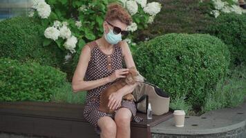 Senior woman in protective mask resting on bench in city with small dog Dachshund breed. Elderly female and pet on bench during quarantine coronavirus. Masked mature owner with dog sitting in park. video