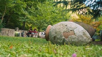 ett gammal traditionell georgiansk behållare för framställning unik georgiansk vin, de kvevri, är belägen på de jord i en parkera. video