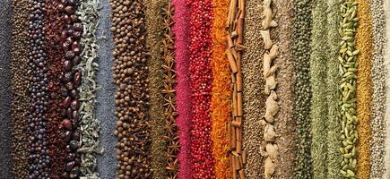 spices and herbs panoramic background. various seasonings are scattered on table. flavoring for design of website header or food packaging. photo